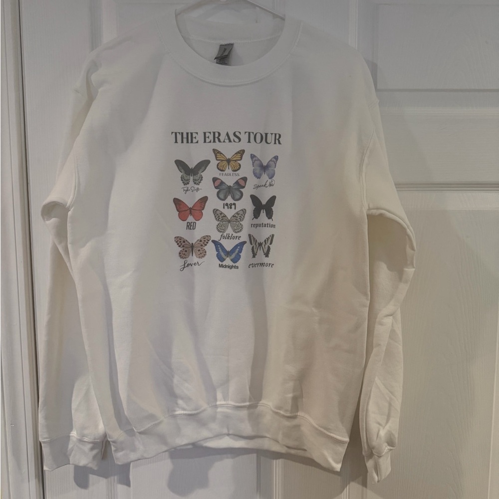 Gildan White 'The Eras Tour' Butterfly Sweatshirt with Multicolor Print